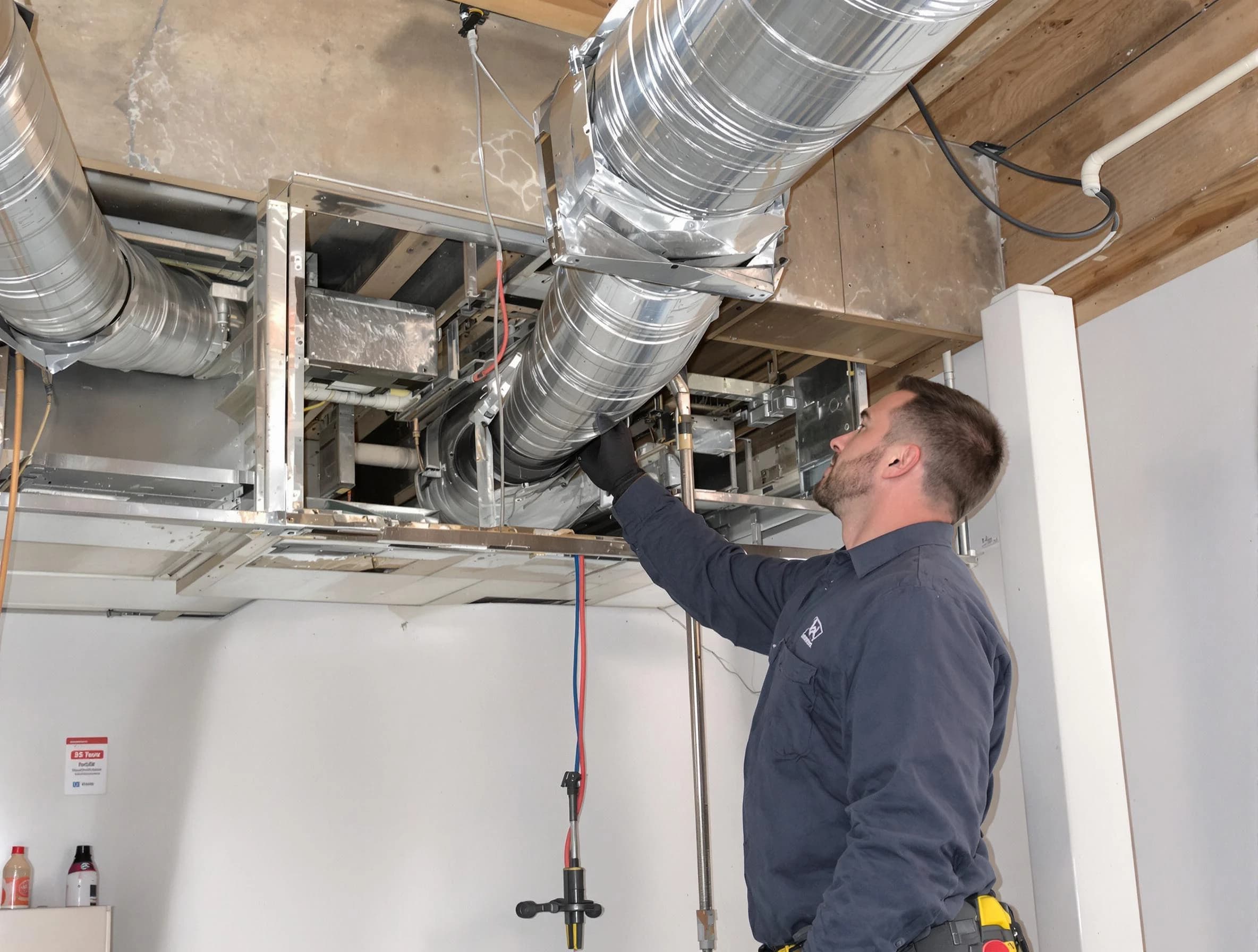 Slaughterville Air Duct Cleaning technician performing professional air duct repair using specialized tools in Slaughterville
